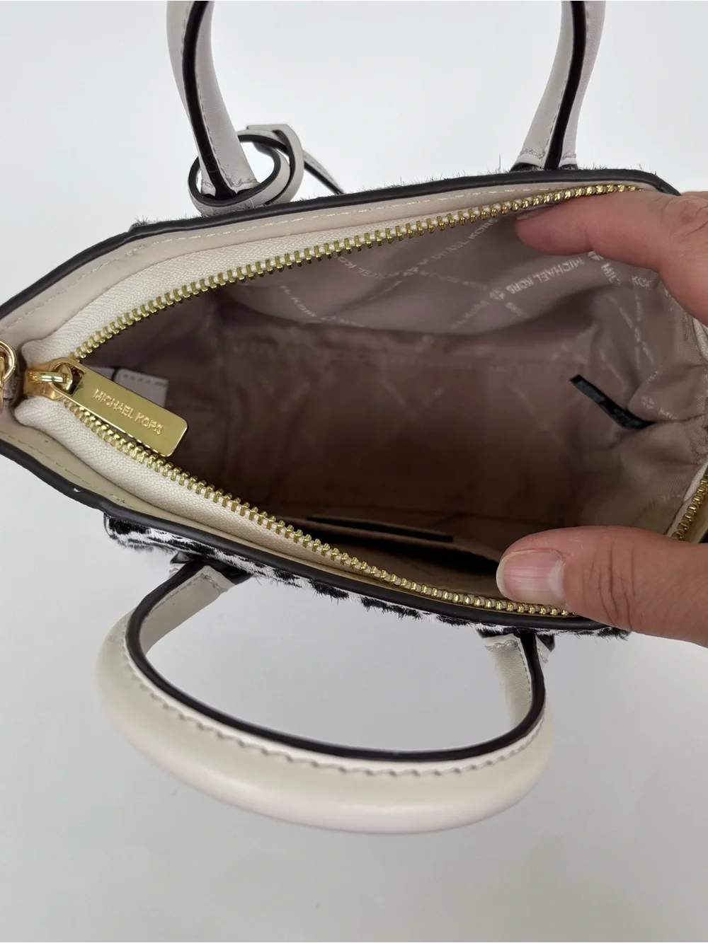 Michael Kors Marilyn Small Satchel Crossbody Leopard Calf Hair Vanilla Leather